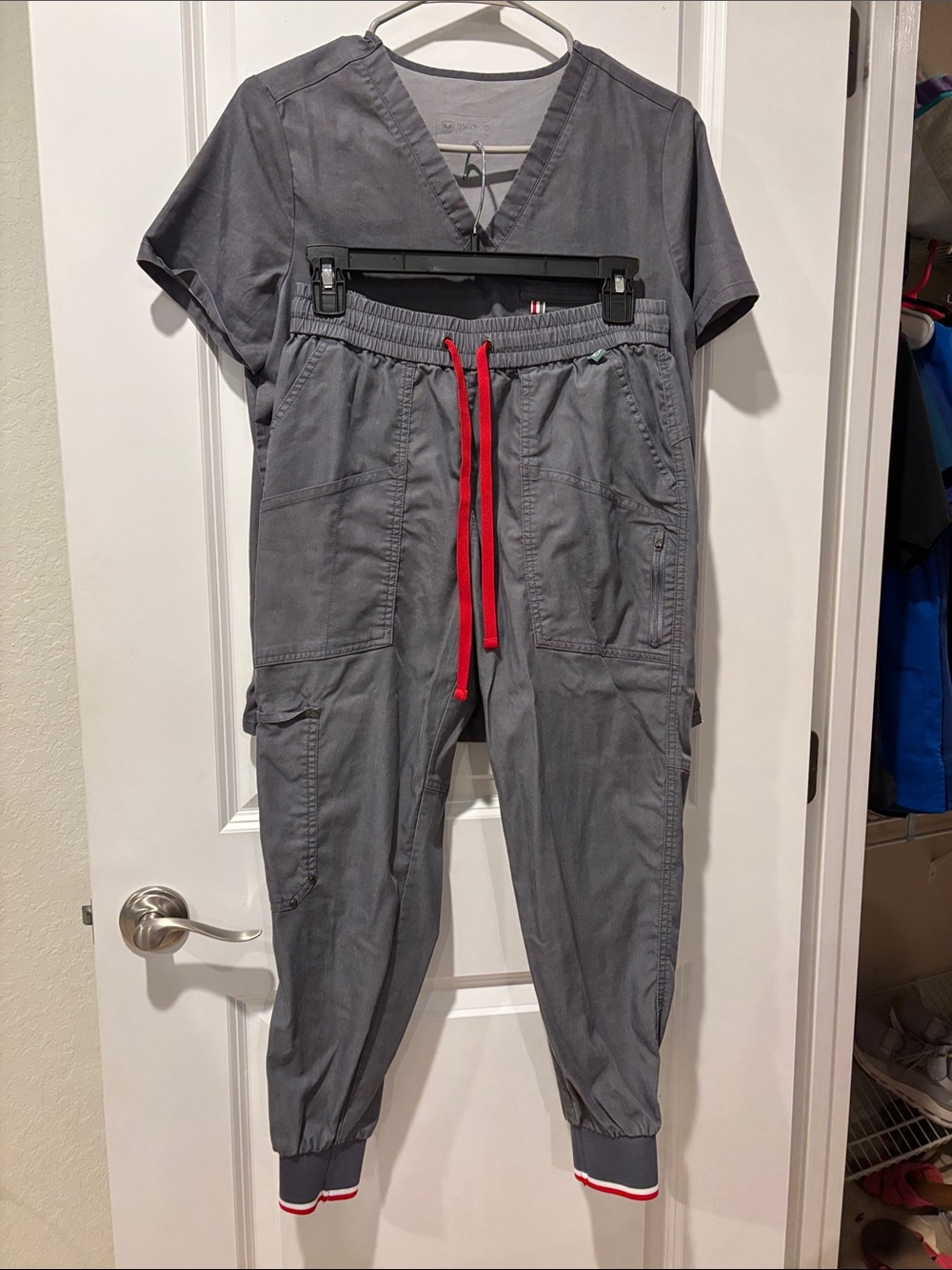 Women's Scrub Set Gray Cargo Jogger Pants with Red Drawstring and one pocket top